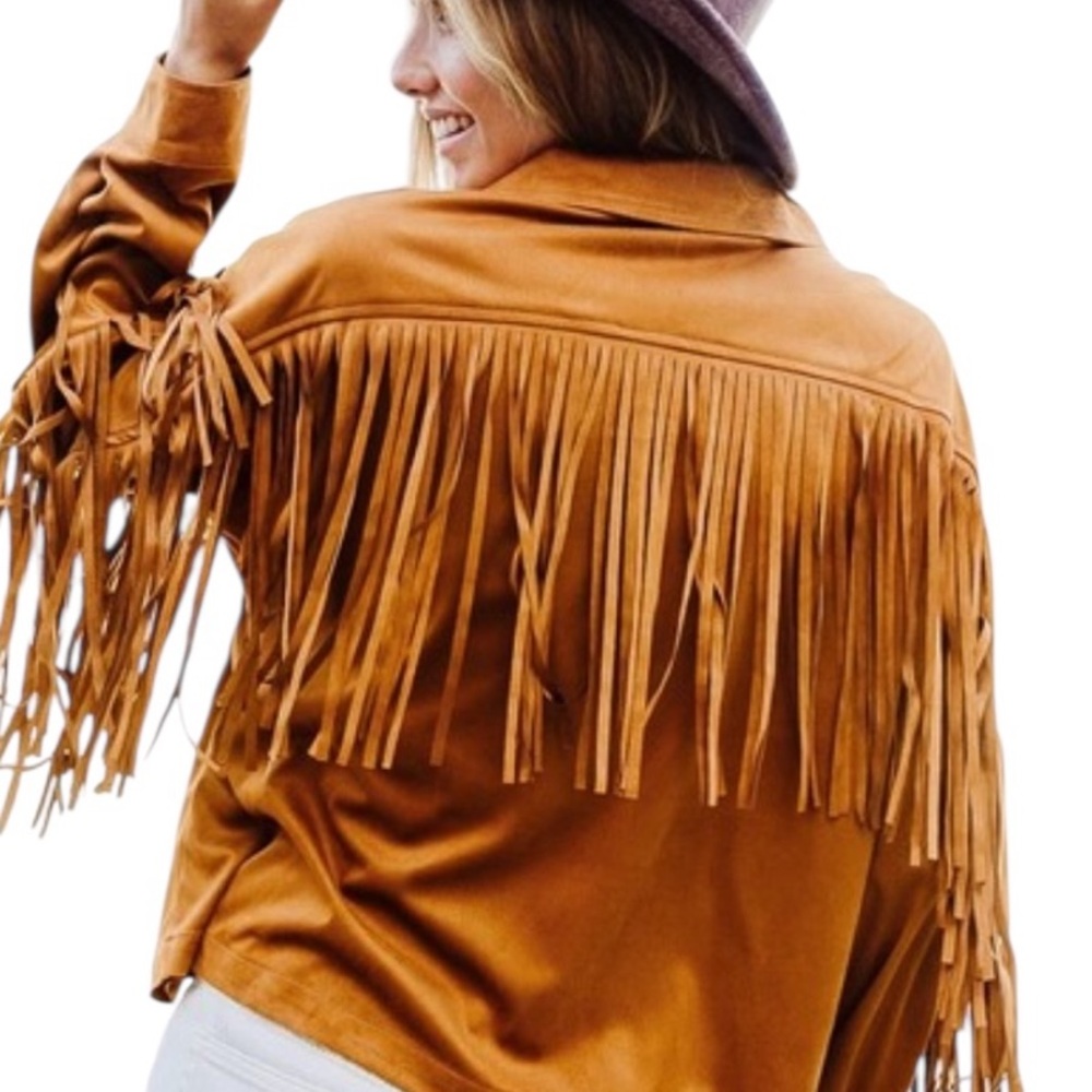 BiBi Faux Sheer Suede Tassel Fringe Western Jacket in color “Camel” - Picture 2 of 2